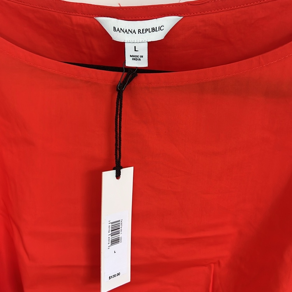 🪅Cotton Poplin red-orange cinch waist cap sleeve Sundress banana republic L - Picture 7 of 8